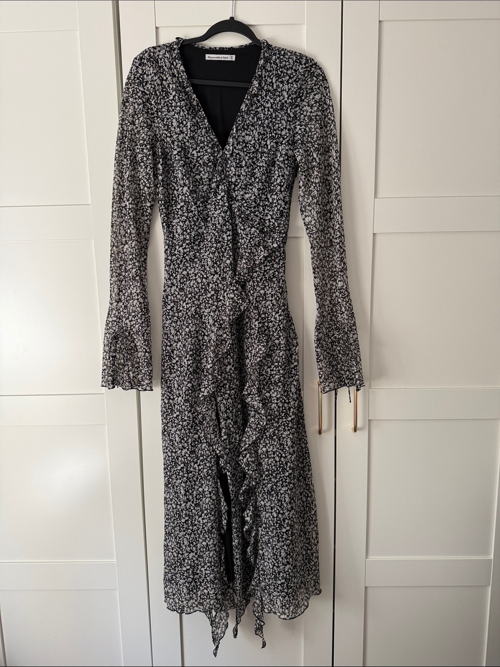Abercrombie & Fitch Black and White Floral Ruffle Wrap Maxi Dress